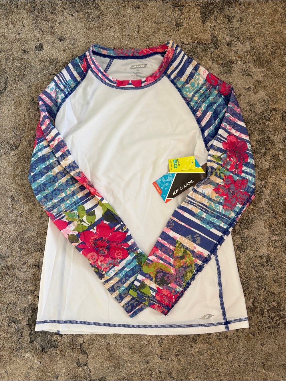 NWT Oxide Ladies White Long-Sleeve Rash Guard with Floral-Striped Sleeves